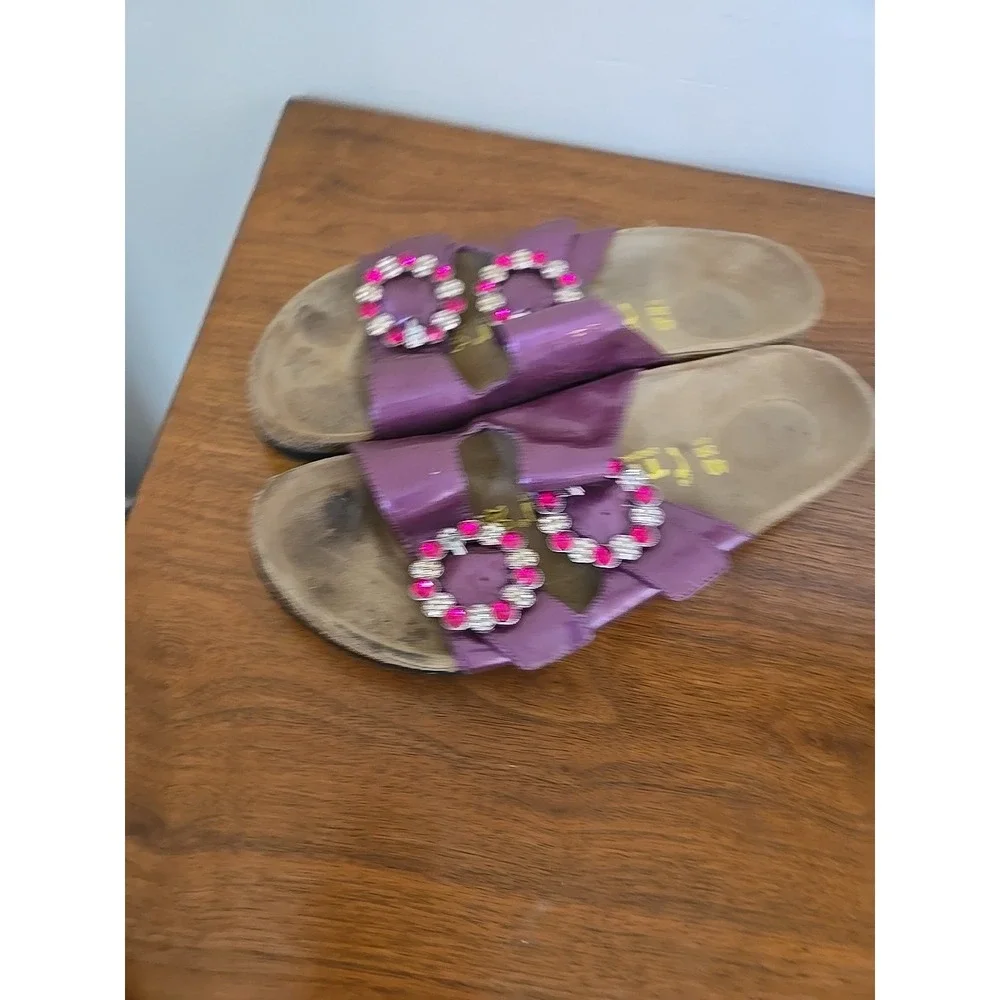 Tatami Birkenstock Sandals Womens 40 Narrow Purple Leather Rhinestone Slide